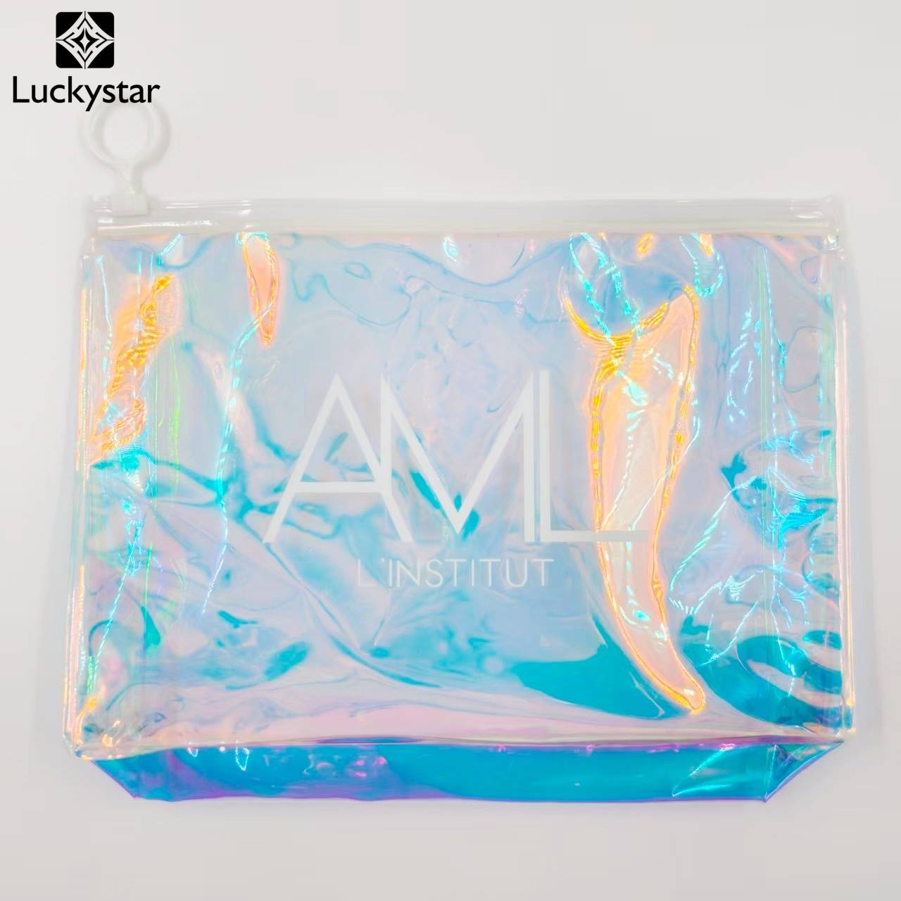 Custom Holographic PVC Zipper Pouch Logo Printed Reusable  Brand Promotion Cosmetic Bag