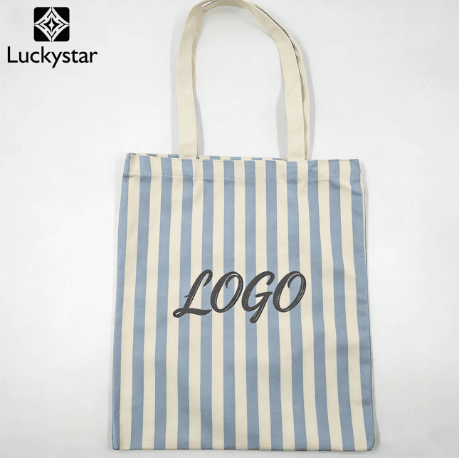 蓝色条纹环保帆布手提袋，可定制LOGO印花，大容量可重复使用购物袋