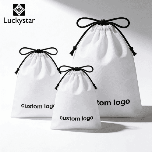 Нетканый экологичный складной мешочек для хранения ювелирных изделий на завязках с индивидуальным логотипом.