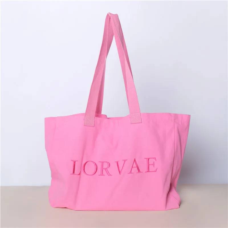 High Quality Friendly Printed Gift Pink Canvas Shoulder Strap Tote Shopping Bag Letter Printed Handles