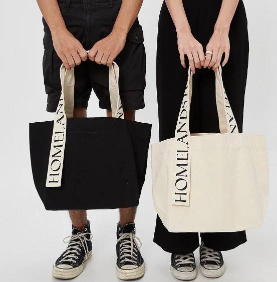 Women Fashion Branded Strap Printed Black logo Shopping Cotton Canvas Active Lifestyle Sporty Tote Bag for Gym