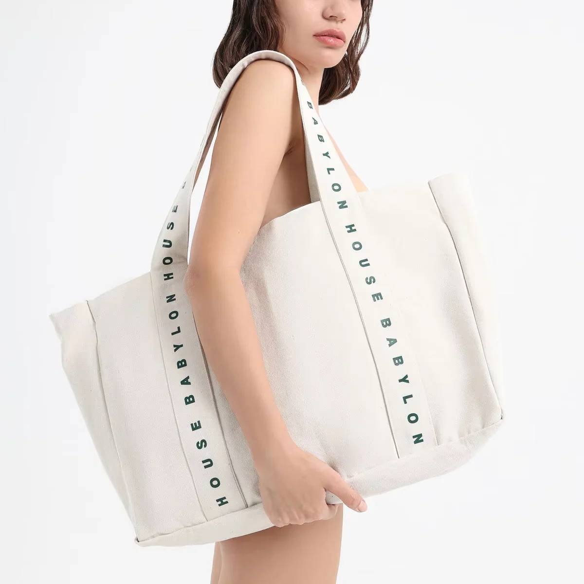Customized High Quality Printed logo on Handle Strap Shopping 12oz Thick Large Cotton Canvas Active Lifestyle Tote Bag for Gym